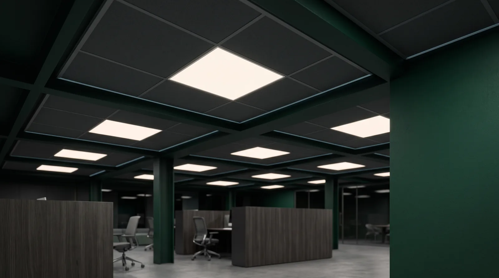 Paneles LED 60×60 instalados en oficina con luz uniforme sin parpadeo