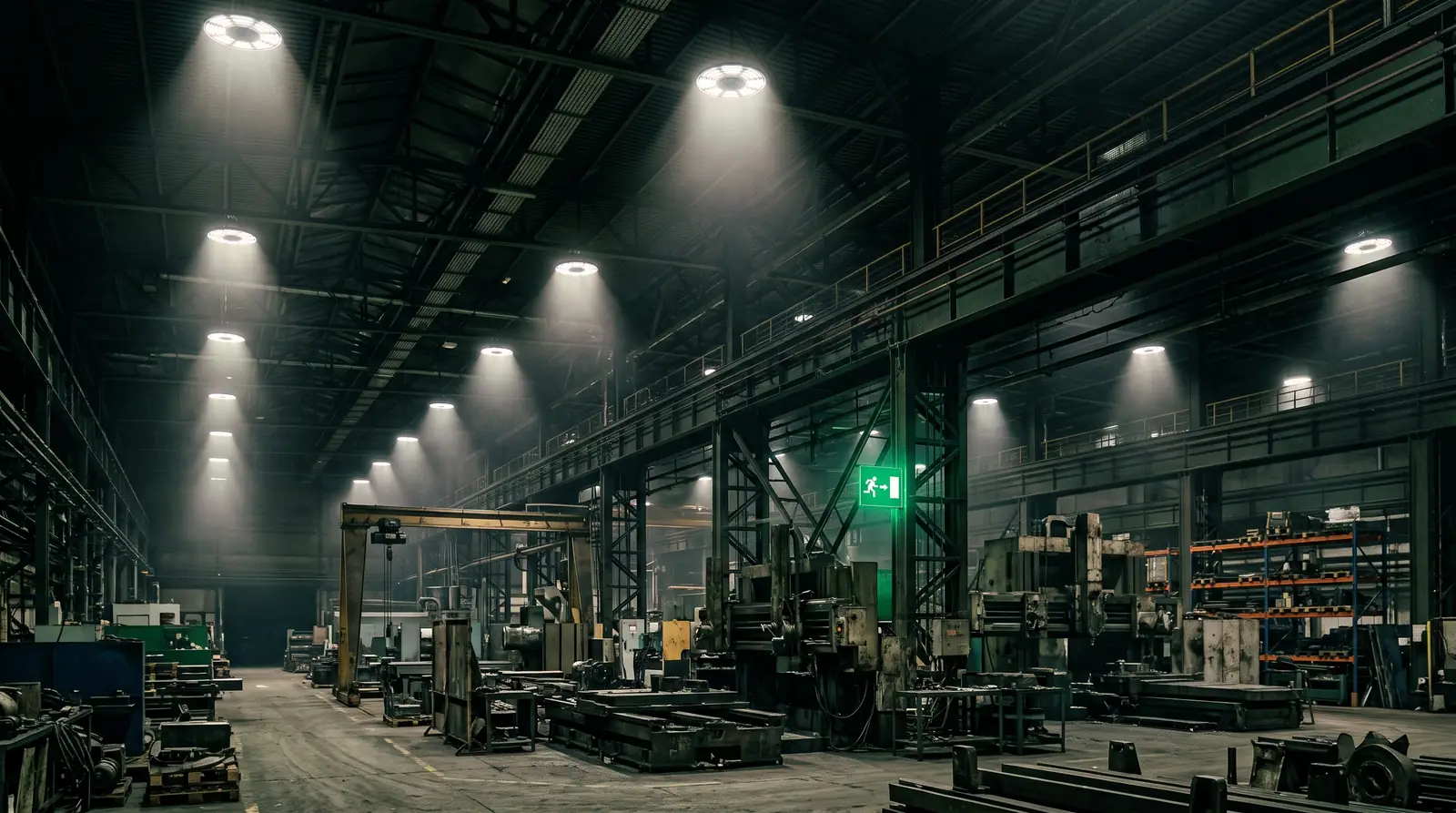 Campanas UFO LED de alta potencia iluminando un galpón industrial