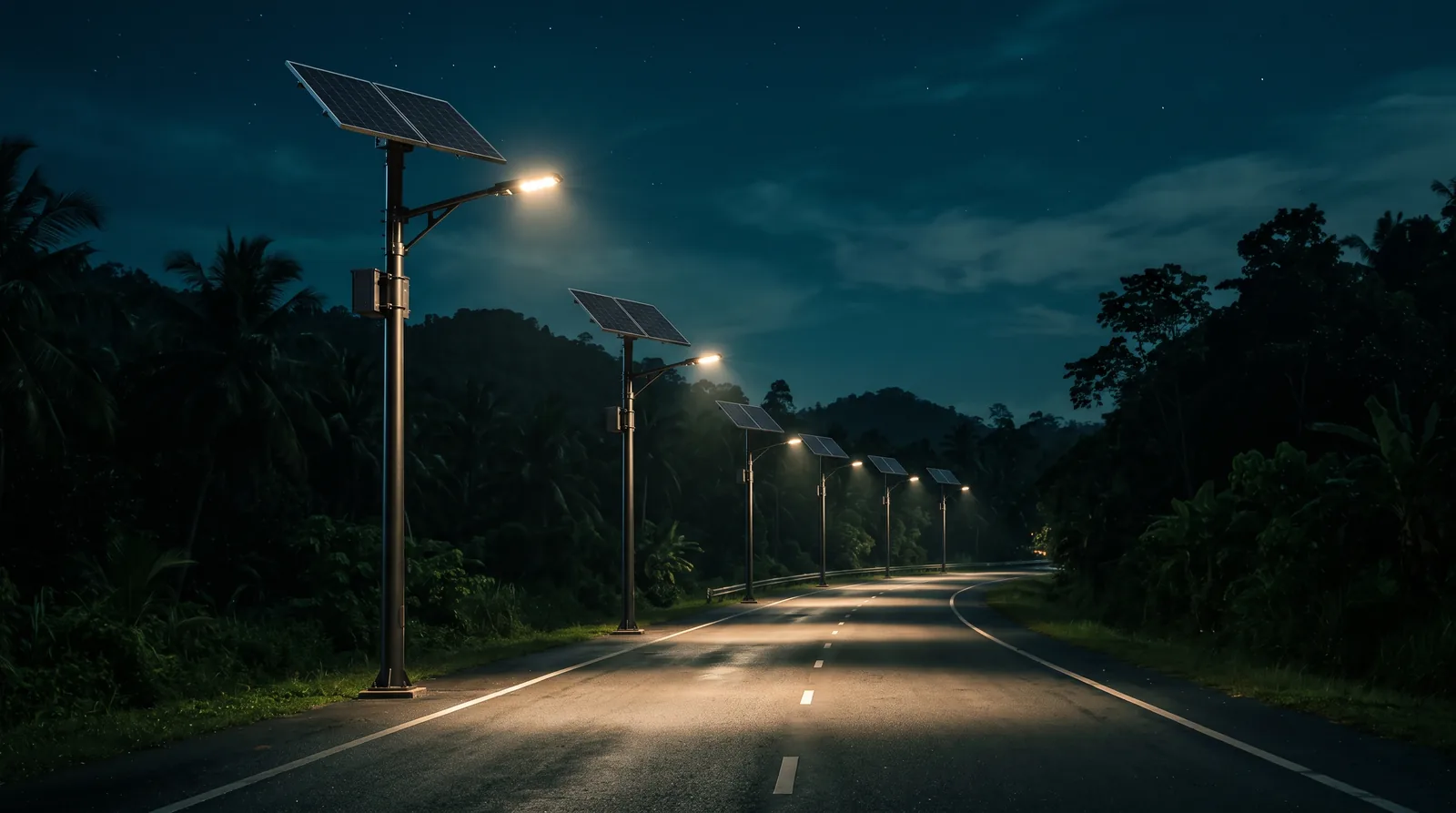 Alumbrado público solar LiFePO4 iluminando el perímetro de un condominio